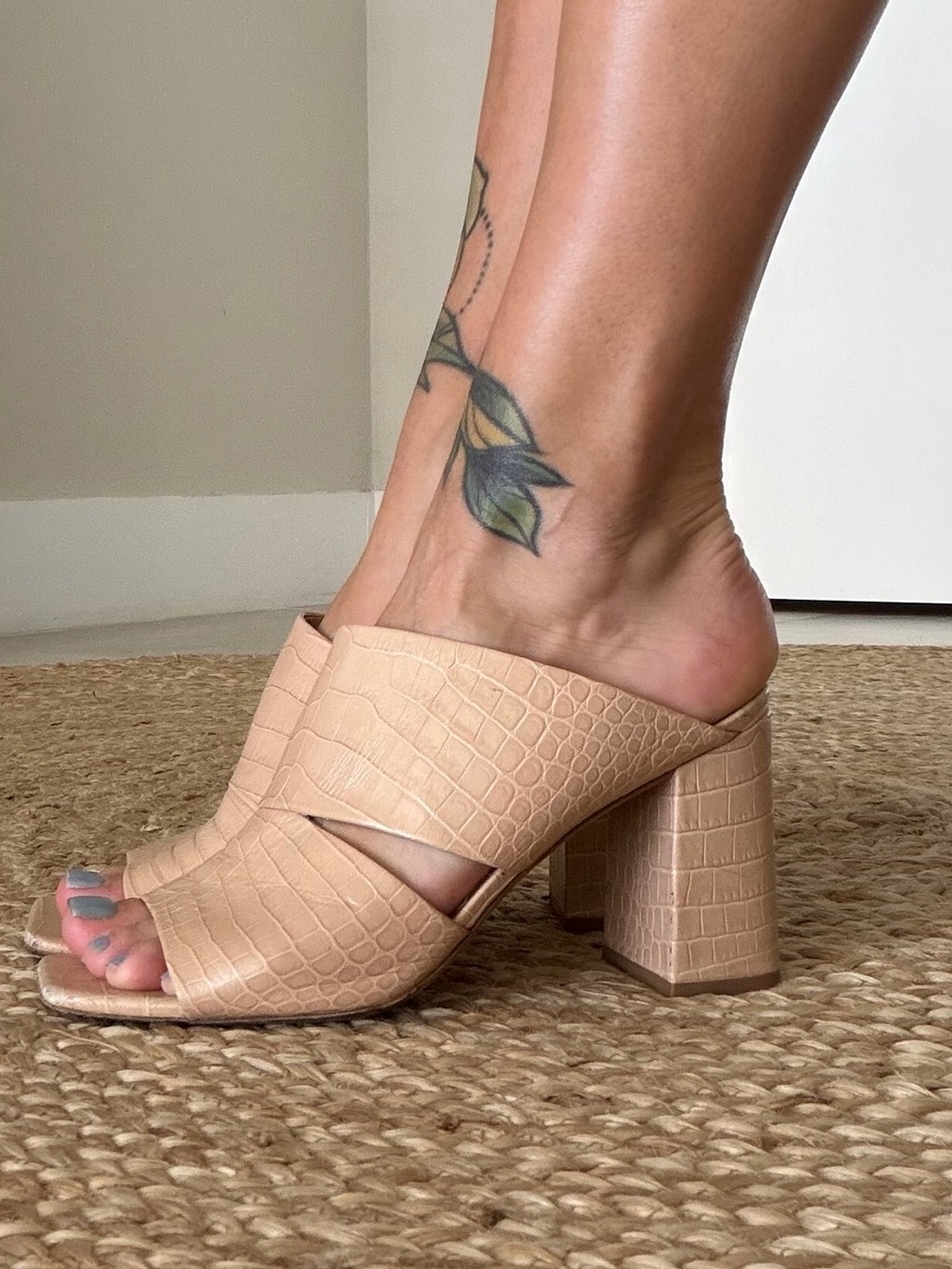 Vince Beige Croc-Embossed Block Heel Mule - Women